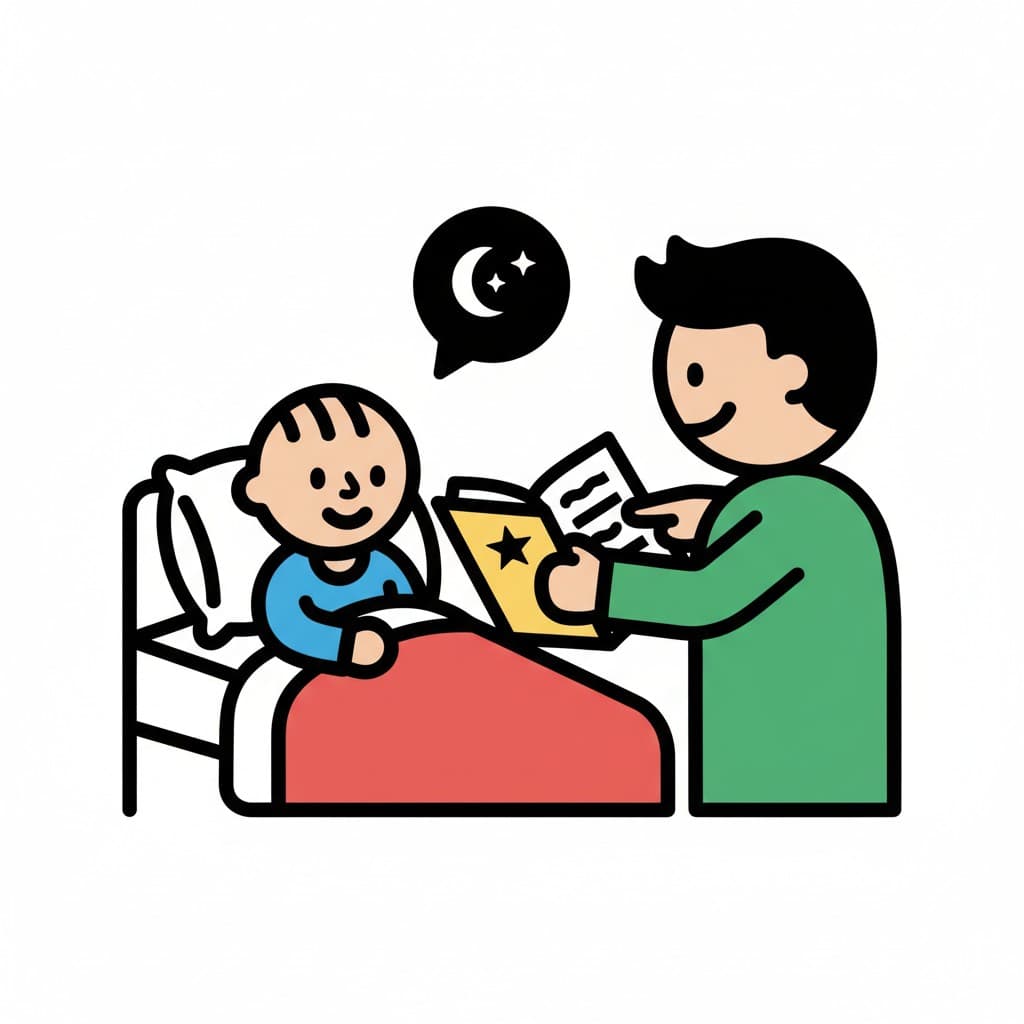 En vuxen läser en bok för ett barn i sängen. En pratbubbla med en måne och en stjärna symboliserar kvällstid.
