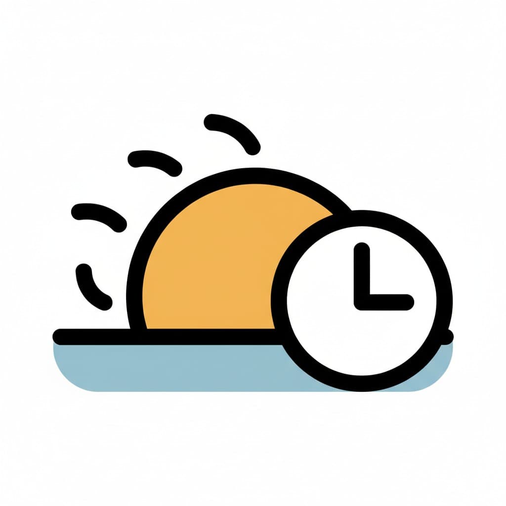 Kuvake, joka esittää aurinkoa horisontissa säteineen ja kelloa, symboloiden iltapäivää.