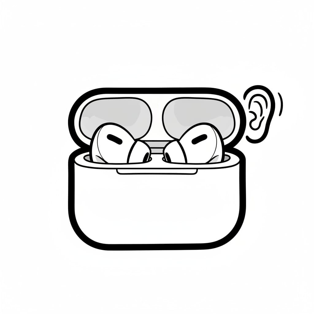 Et par Airpods i ladeetuiet med et øreikon ved siden av.