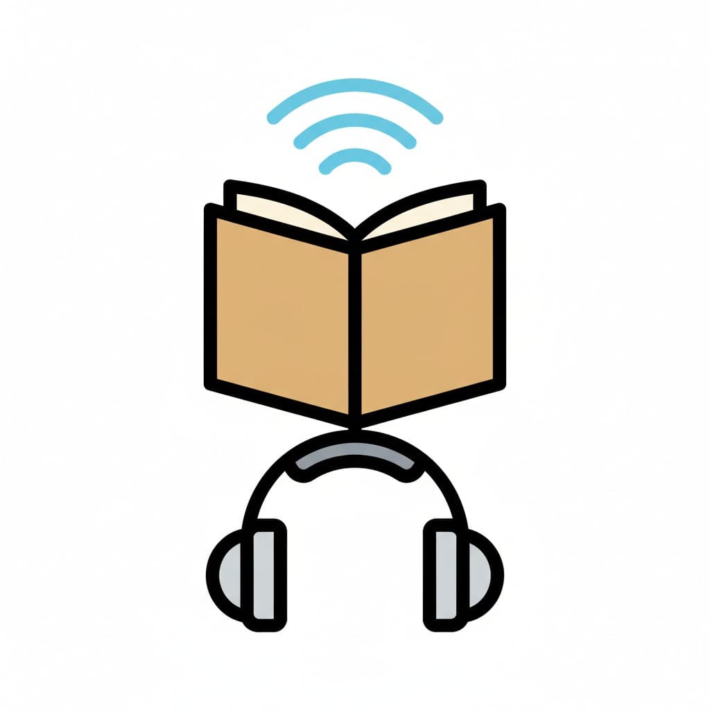 An icon showing an open book with headphones below it and sound waves above the book.