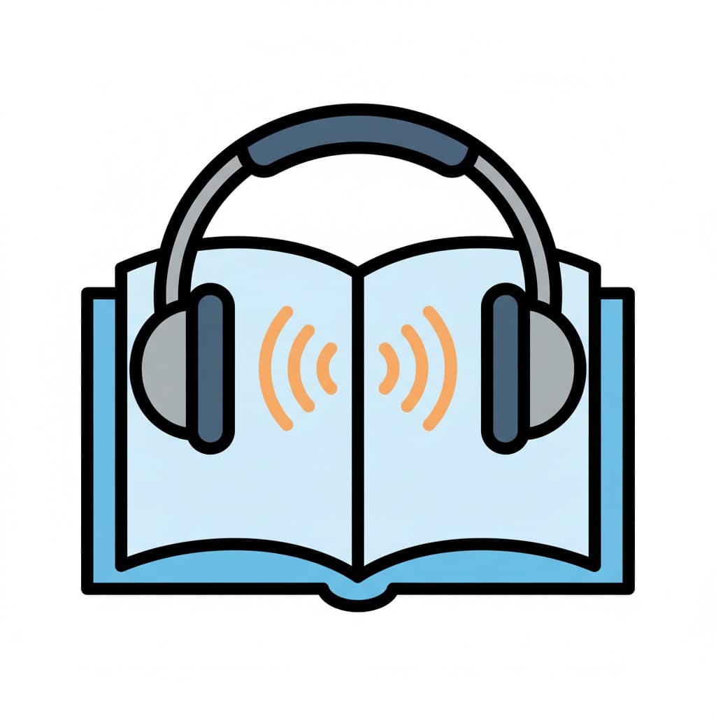 En öppen bok med hörlurar på och ljudvågor som strålar ut från sidorna, symboliserar en ljudbok.