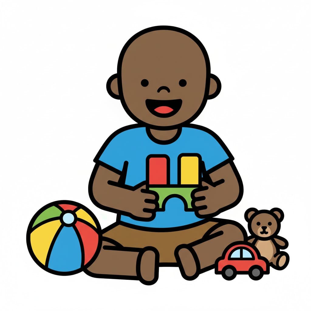 A baby sits on the floor playing with colored building blocks, a ball, and a teddy bear.