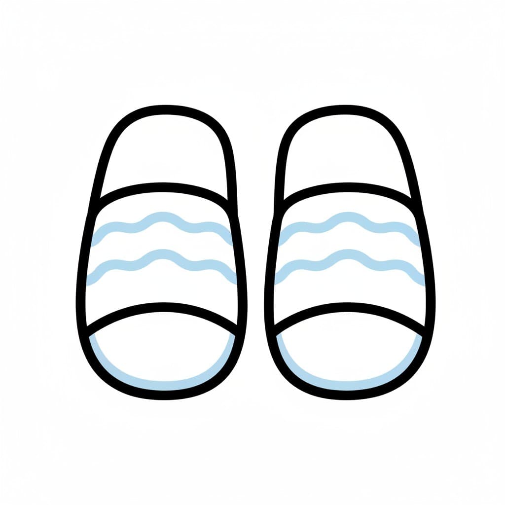Illustration of a pair of light blue and white bath slippers.