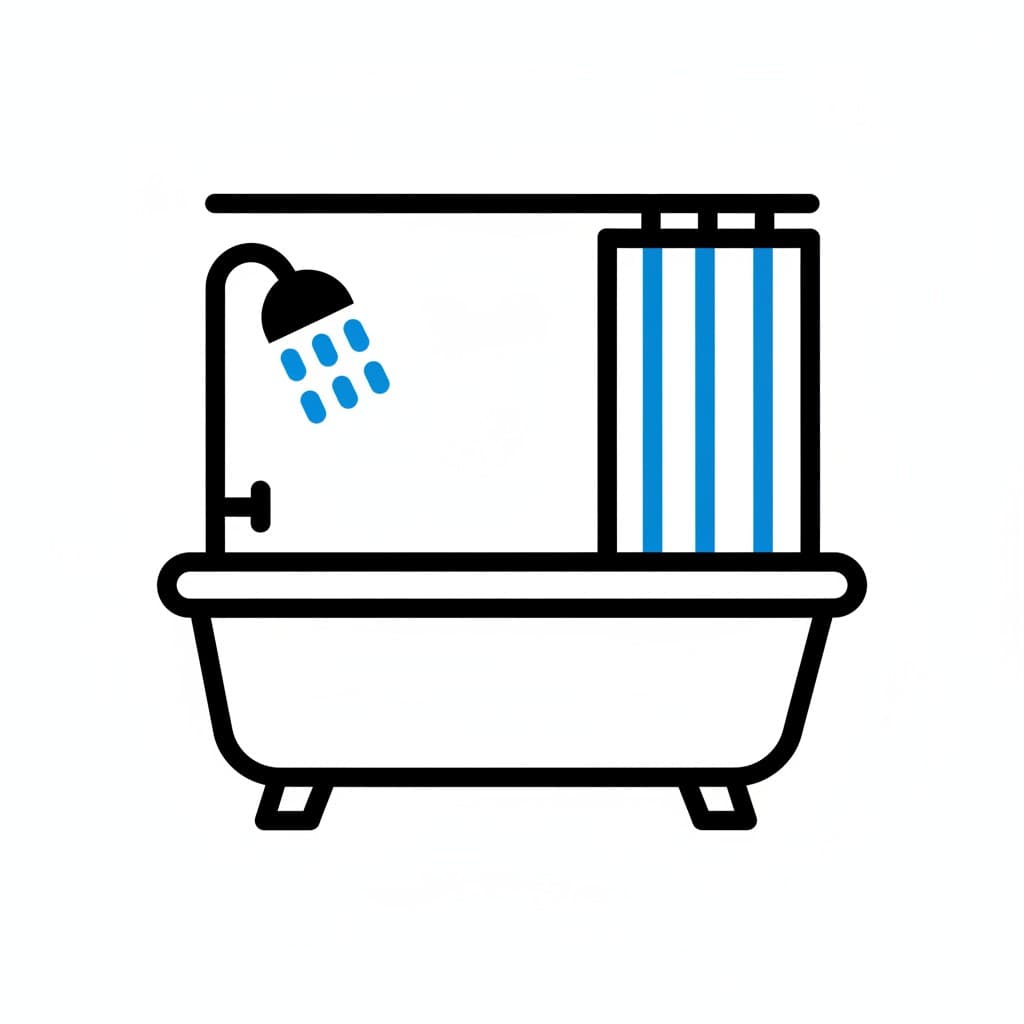 An illustration of a bathtub with a shower head spraying water and a blue shower curtain.
