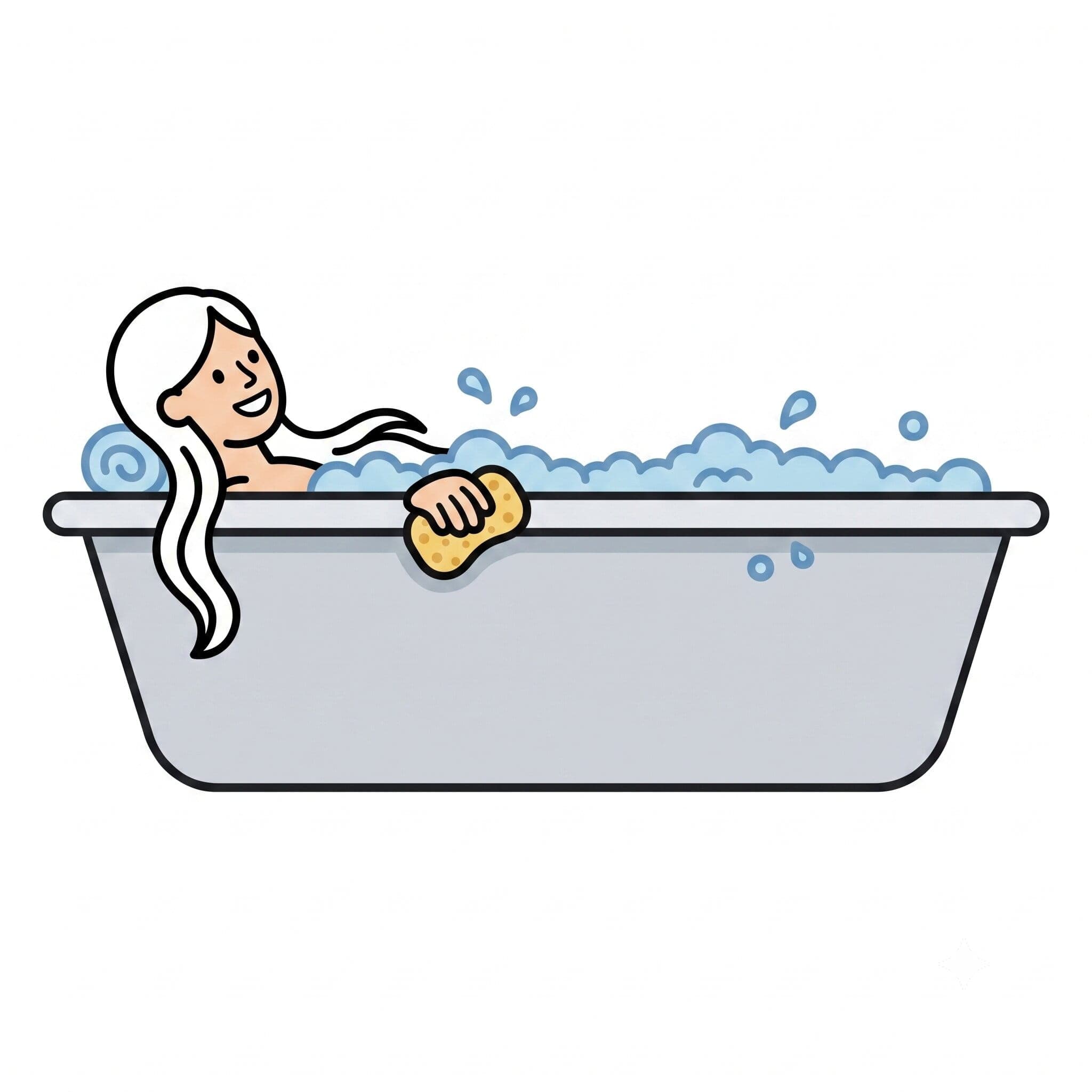 En person står i badekarret omgivet af skum og vasker numsen med en gul svamp i hver hånd.