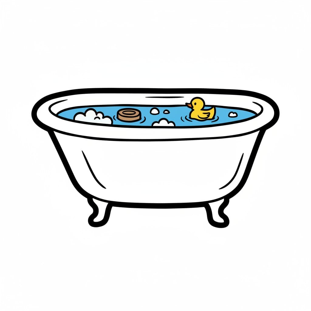 En illustrasjon av et badekar fylt med vann og bobler, med en gul badeand og et badeleke i tre som flyter i vannet.