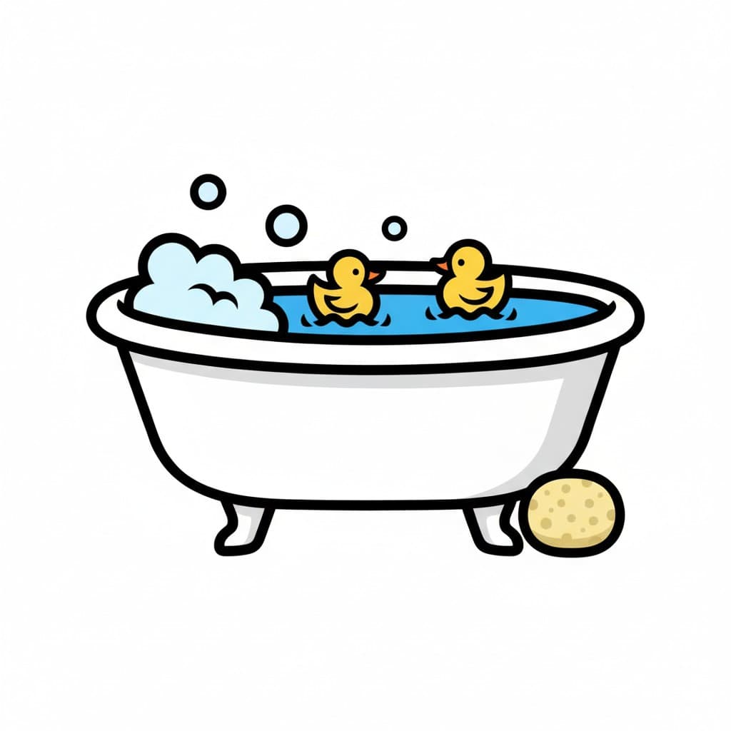 A white bathtub filled with water, bubbles, two yellow rubber ducks, and a sponge next to it.