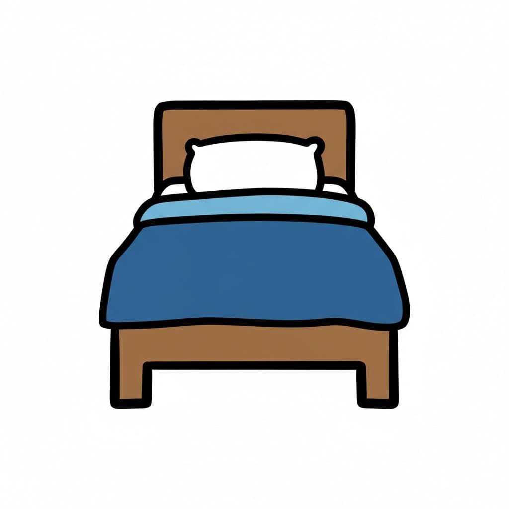 A bed with a headboard, a white pillow, and a blue blanket.