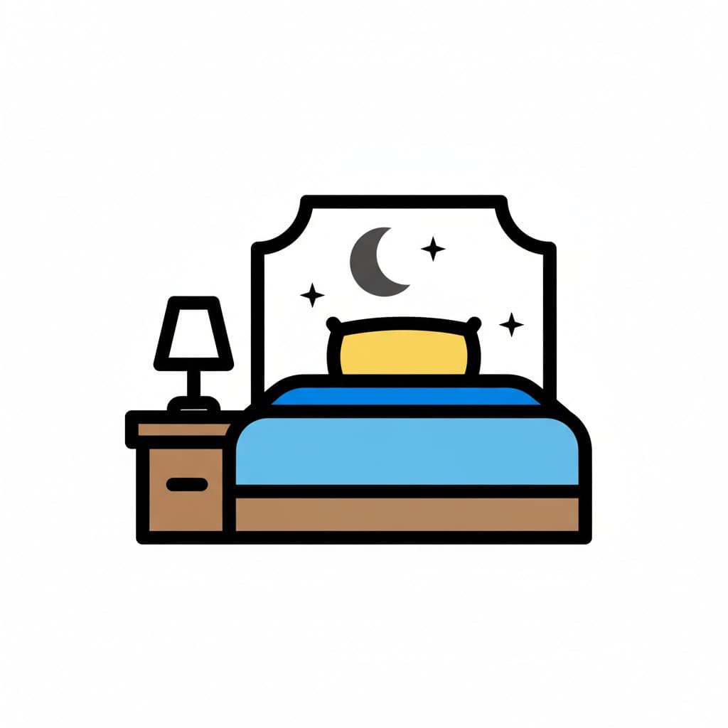 En illustration av ett sovrum med en säng, ett nattduksbord med lampa, och en måne med stjärnor ovanför sängen, vilket indikerar natt.