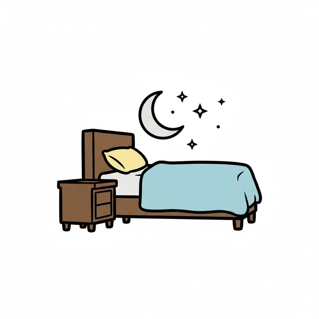 En illustration av ett sovrum med en säng, ett nattduksbord och en måne med stjärnor ovanför sängen.