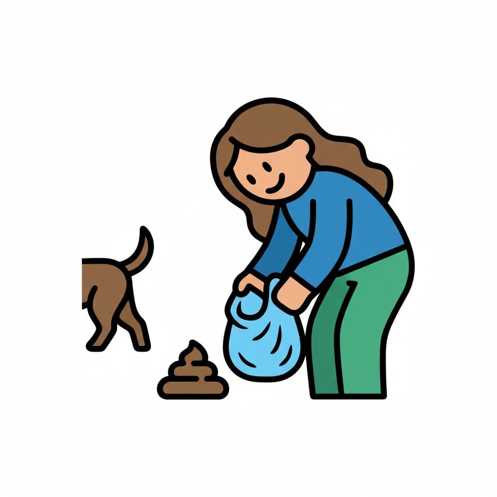 A child bends down to pick up dog poop with a plastic bag while a dog walks away.