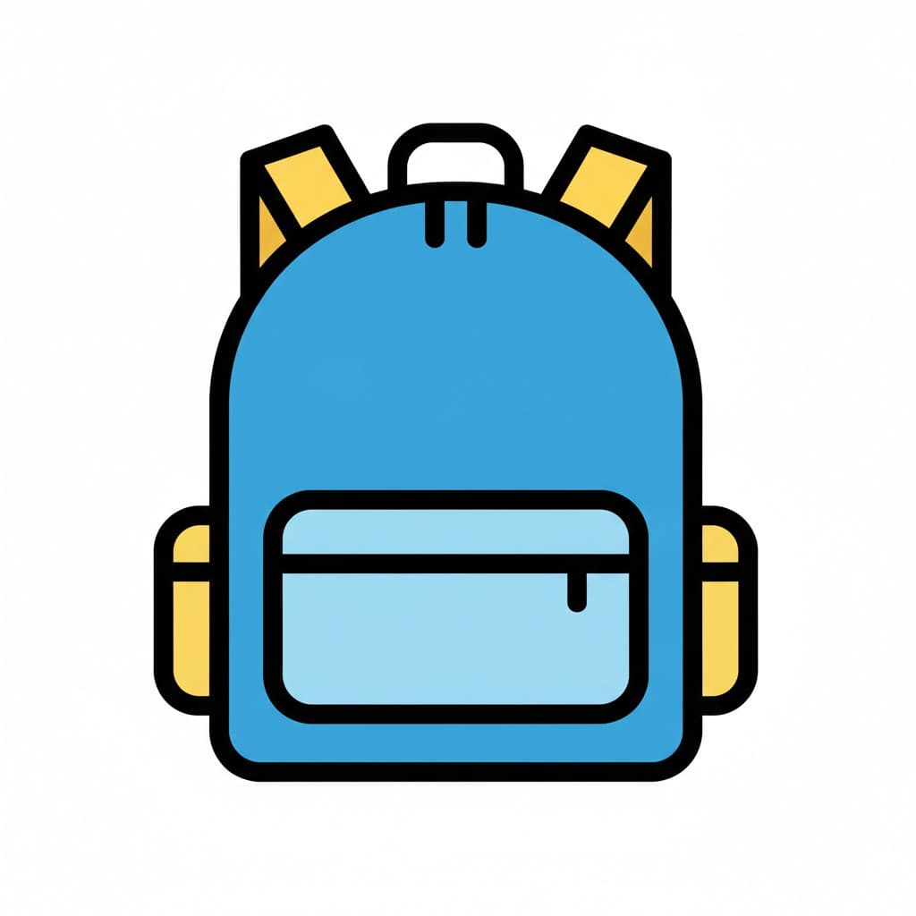A blue backpack with yellow shoulder straps, yellow side pockets and a pale front pocket.