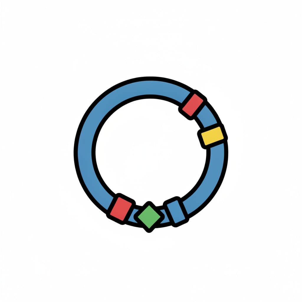 A blue bracelet forms a circle with red, yellow, and green beads spaced along the band.