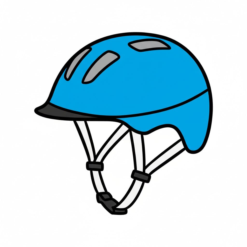 A blue bicycle helmet viewed from the side, showing the strap and buckle.