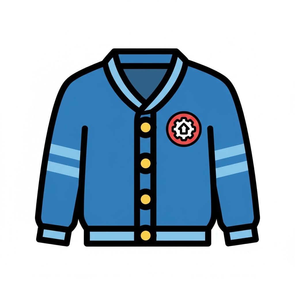 A blue cardigan with yellow buttons and a red gear icon with an arrow on the chest.