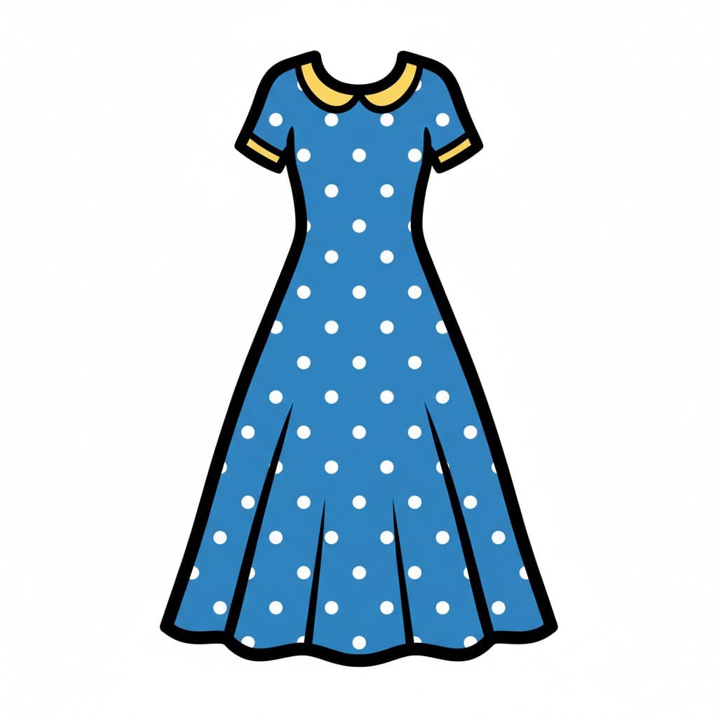 A blue dress with white polka dots and a yellow collar.