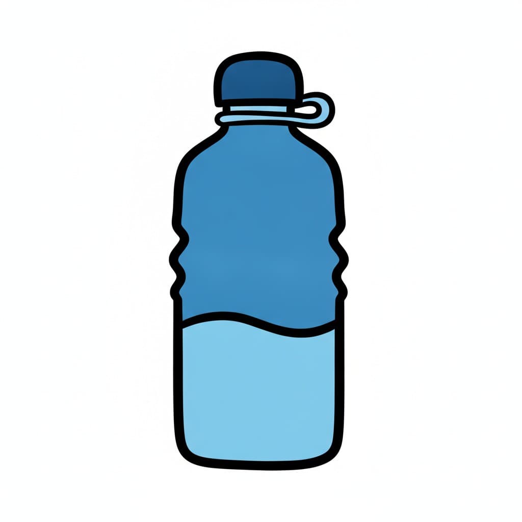 A blue plastic bottle with a screw cap and a small loop, filled halfway with pale water.
