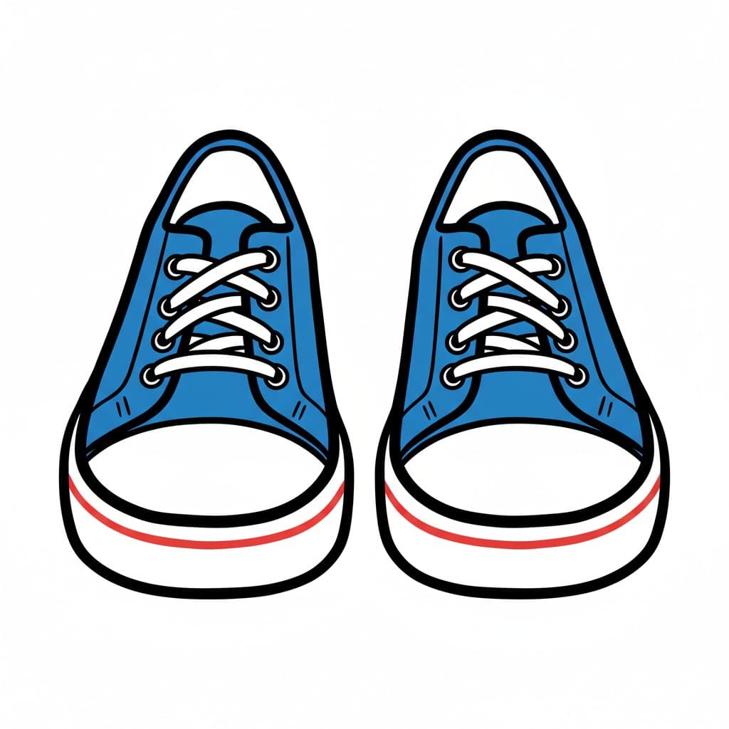 A pair of blue shoes with white laces and white soles featuring a red stripe.