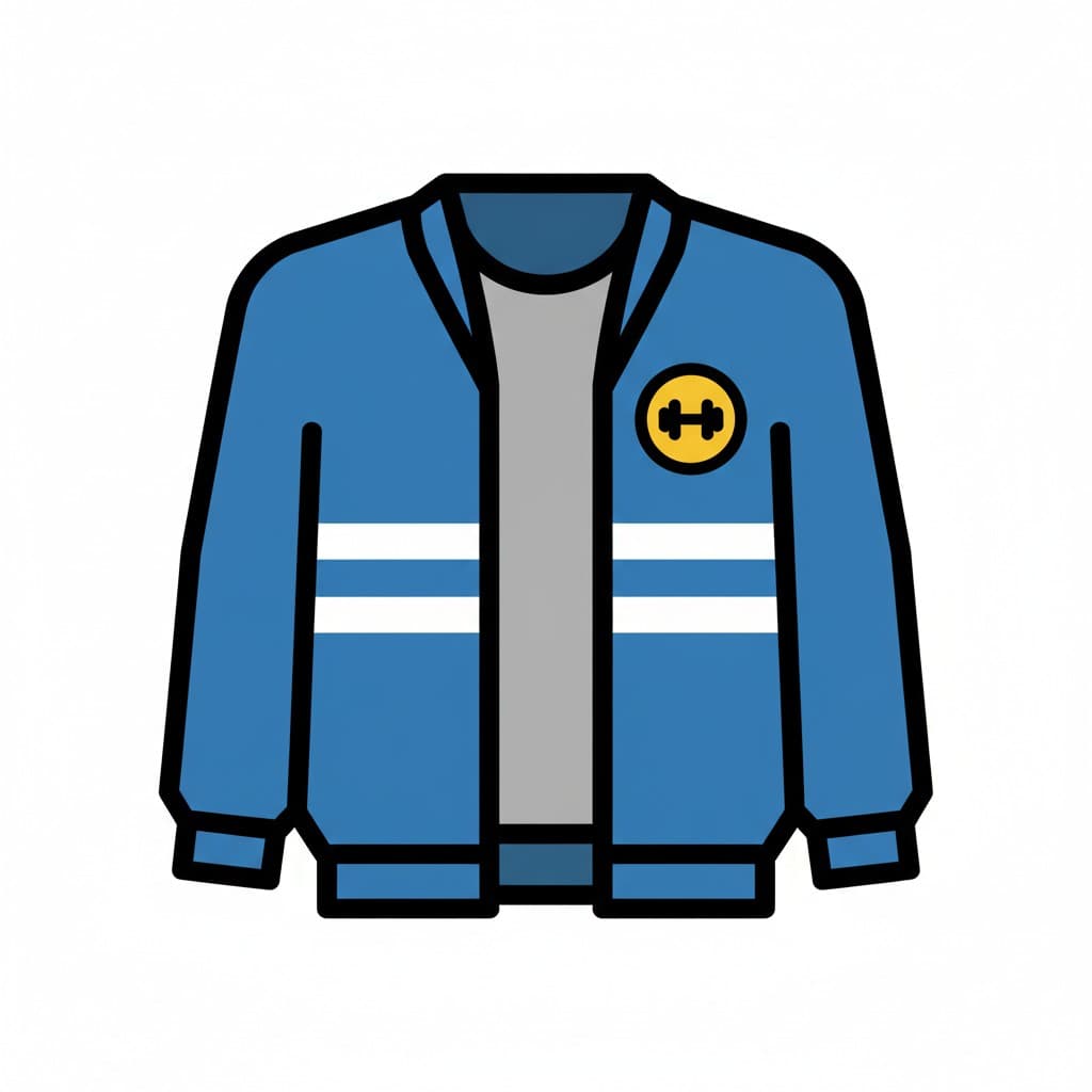 A blue training jacket with white stripes on the sleeves and a yellow dumbbell icon on the chest.