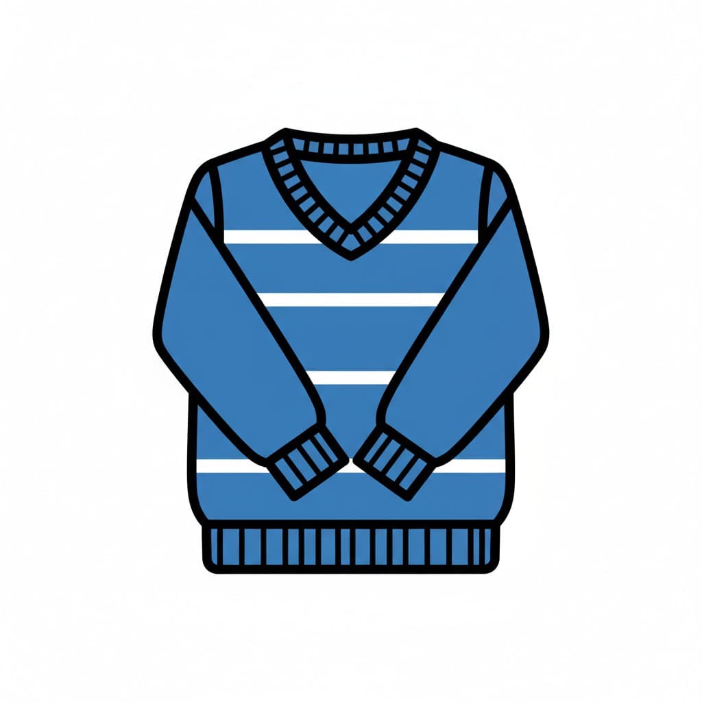 A blue sweater with white stripes and a v-neck.