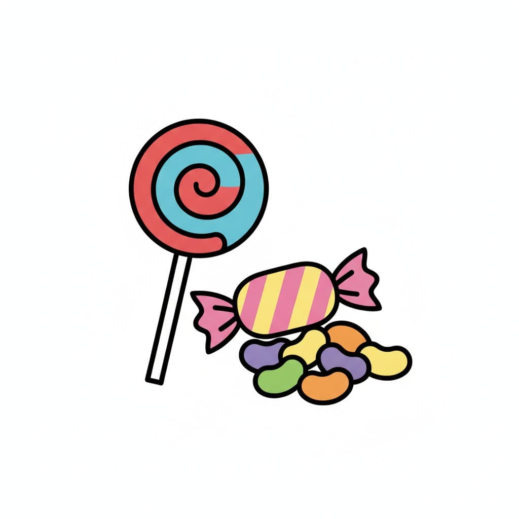 Ein Lutscher mit rot-blauer Spirale liegt auf seinem Stiel neben einem rosa-gelb gestreiften Bonbon und einem Häufchen Geleebohnen.