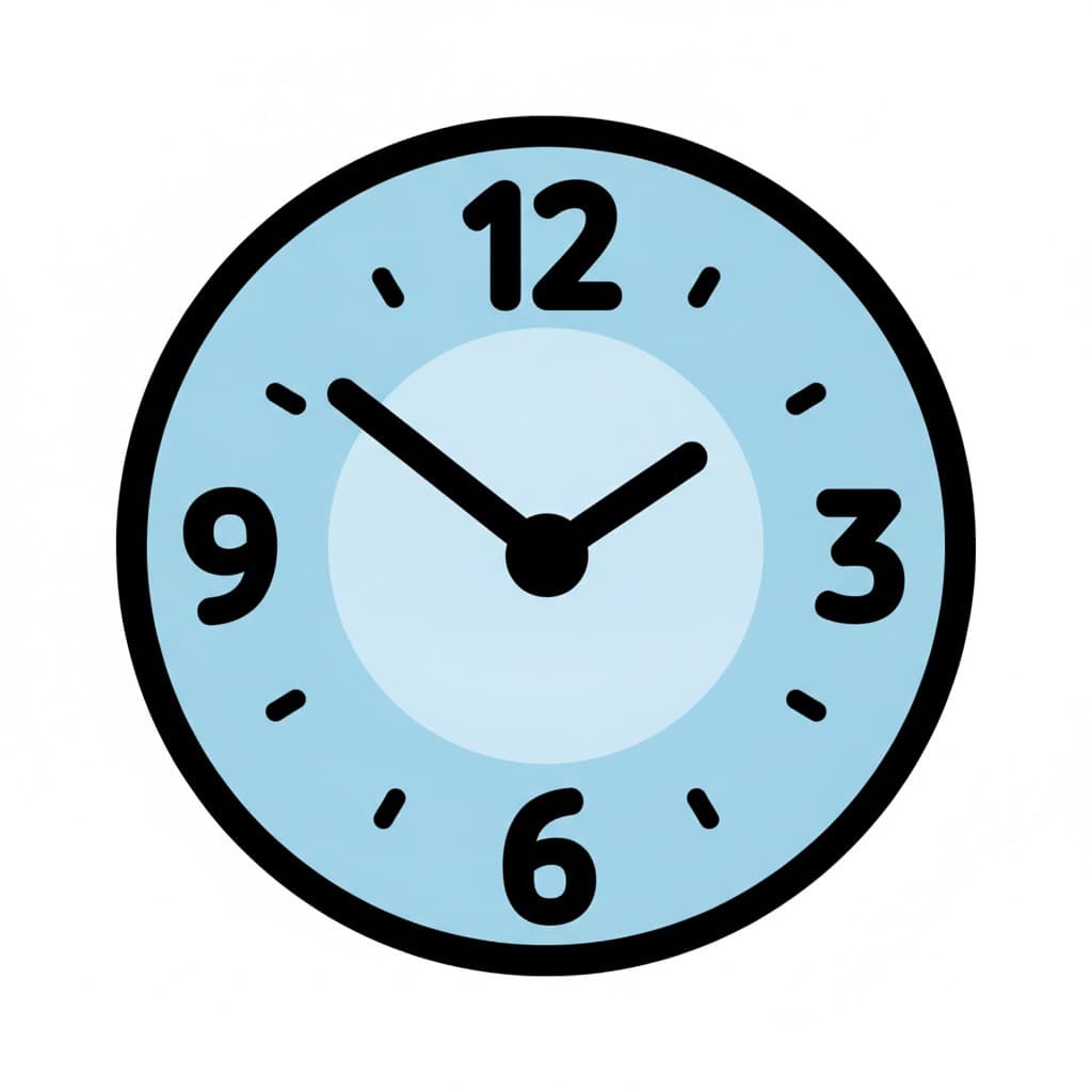 A round blue wall clock with hands.