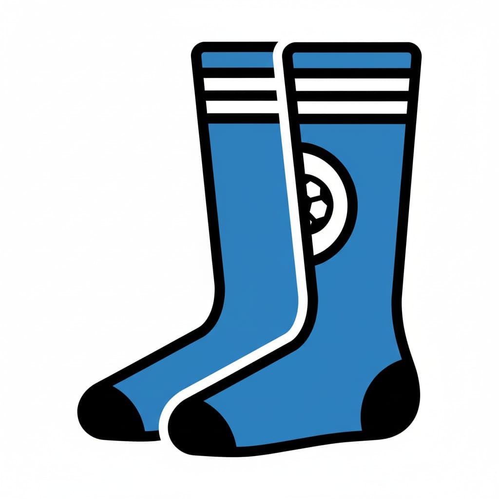 Et par blå fodboldstrømper med hvide striber og en hvid fodboldlogo.