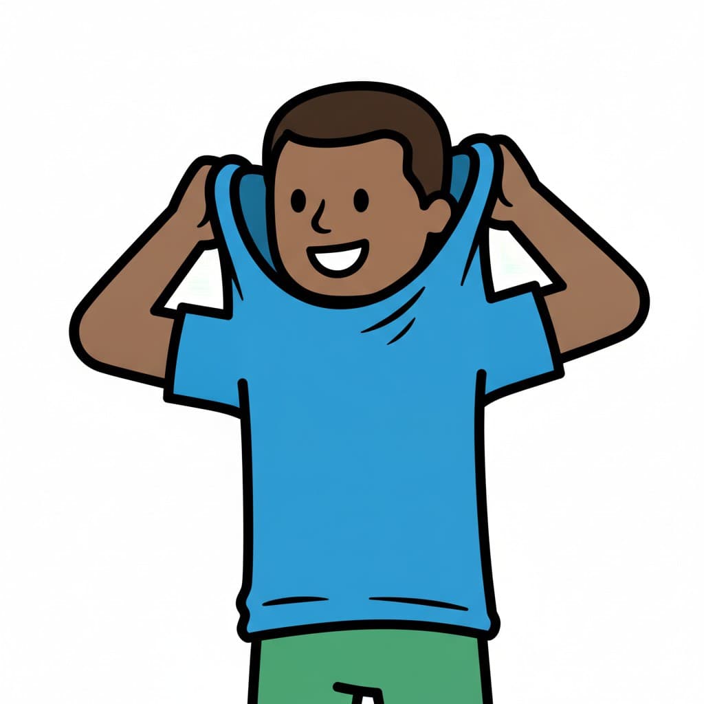 A boy in a blue t-shirt pulls the collar past his ears with both hands and grins.