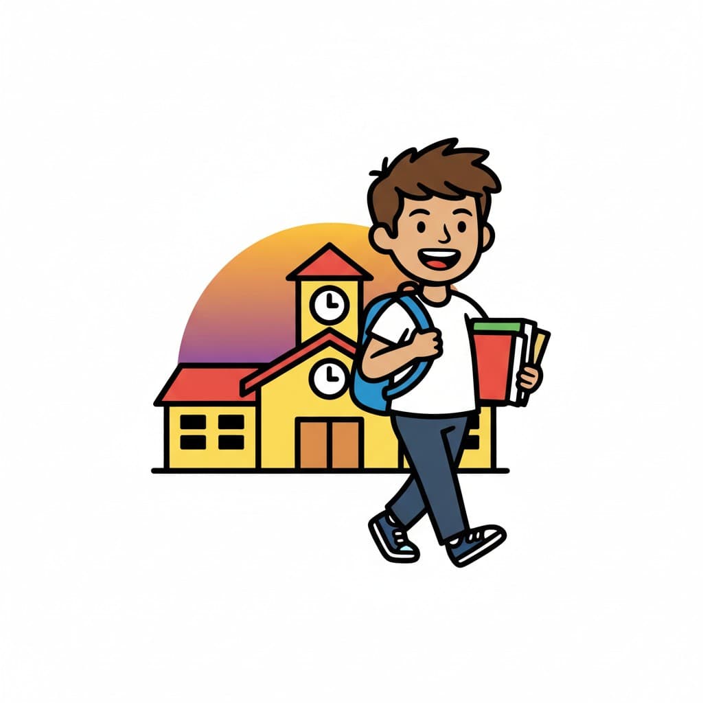 A happy boy with a backpack and books walks away from a school building, signifying the end of the school day.
