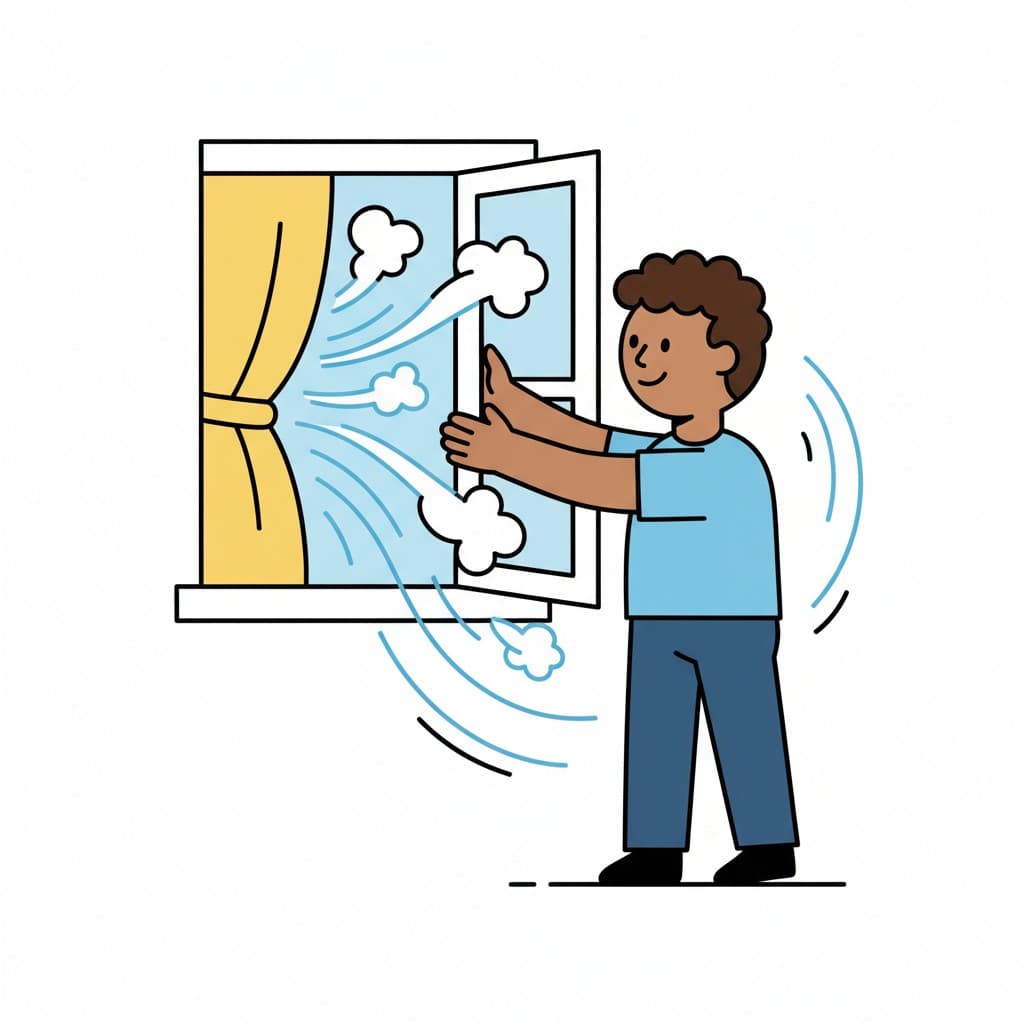 En gutt åpner et vindu for å lufte ut rommet.