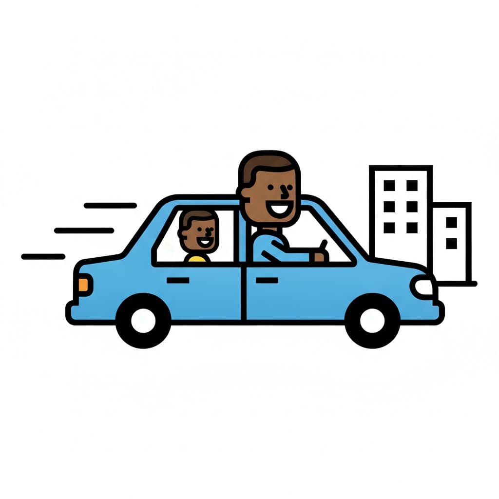 A boy rides in a blue car with his dad driving toward buildings.