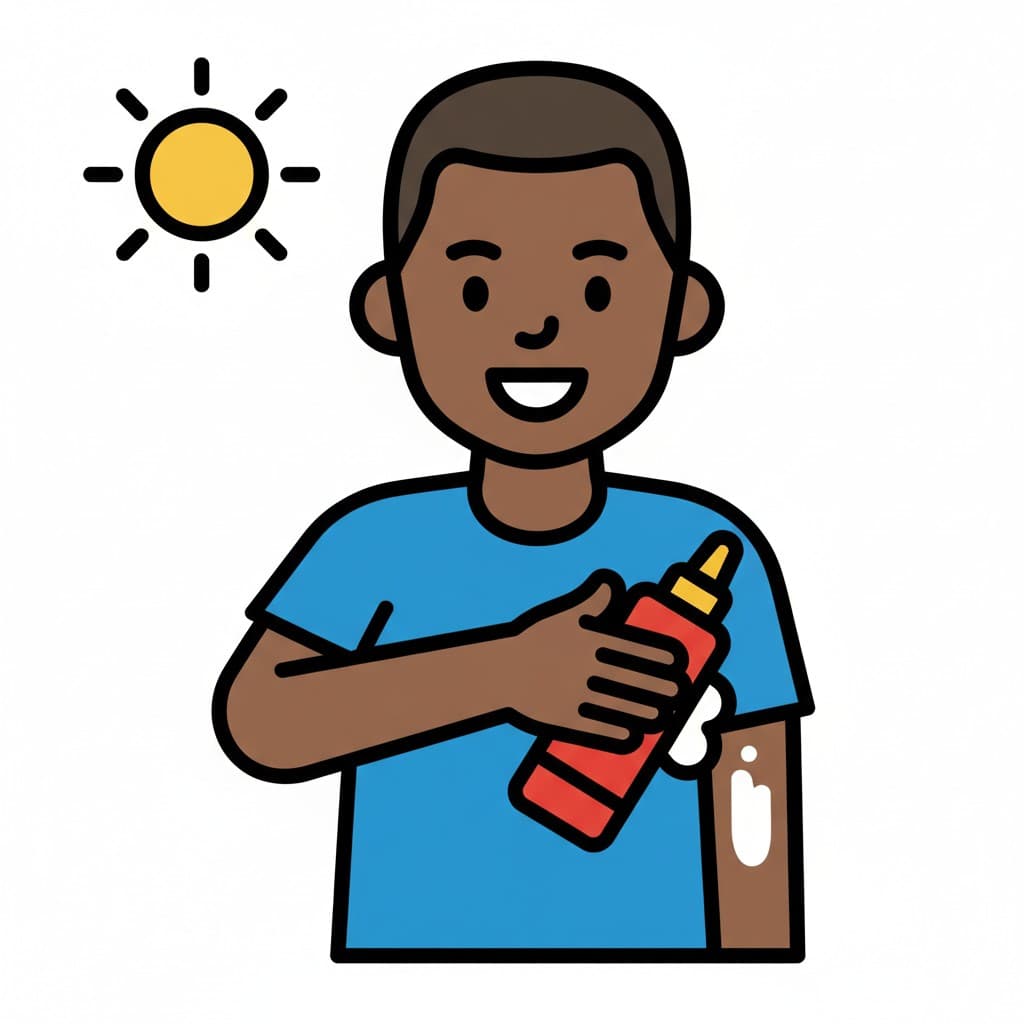 A person is applying sunscreen from a red bottle to their arm, with a sun icon.