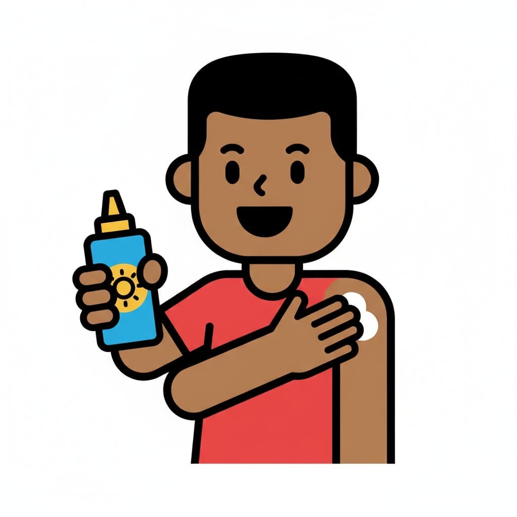 A person is applying sunscreen from a blue bottle to their arm.