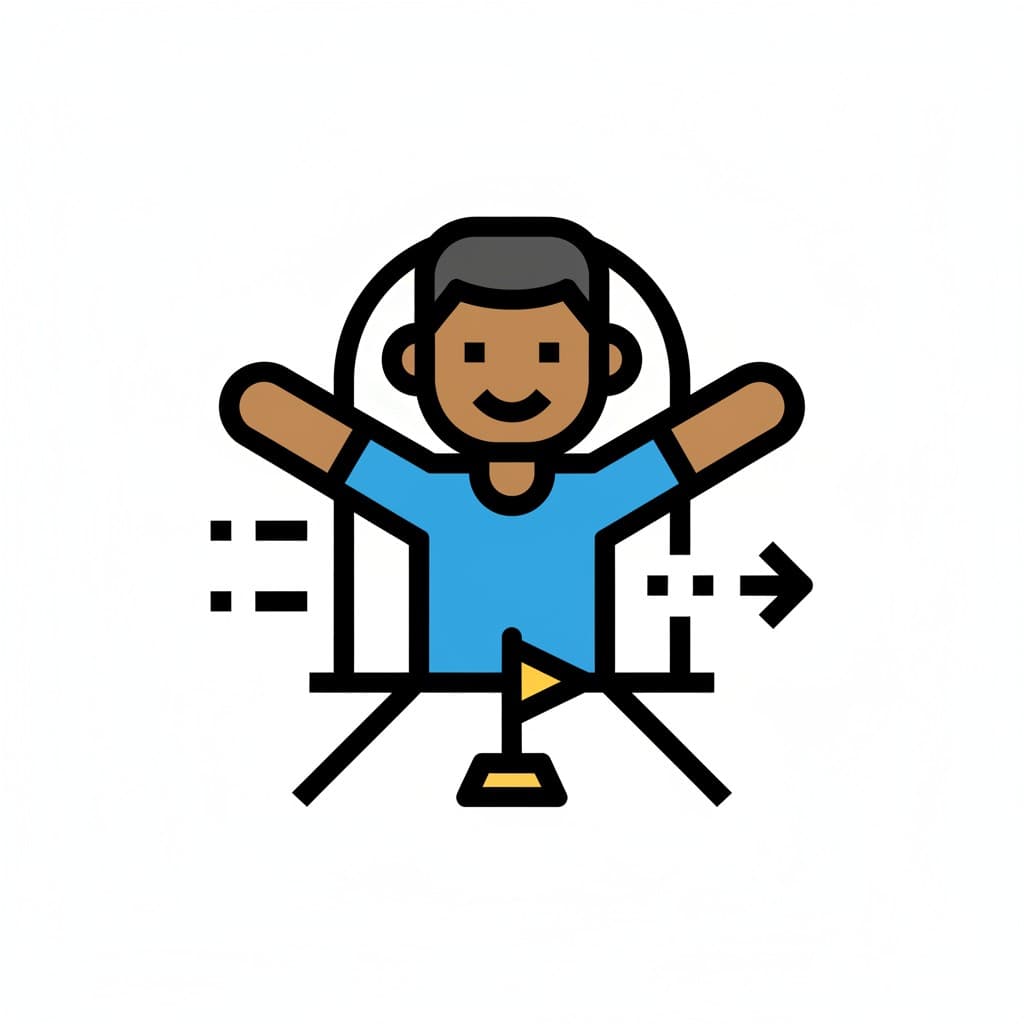 A happy boy with outstretched arms at a finish line with a flag, symbolizing arrival at a destination.