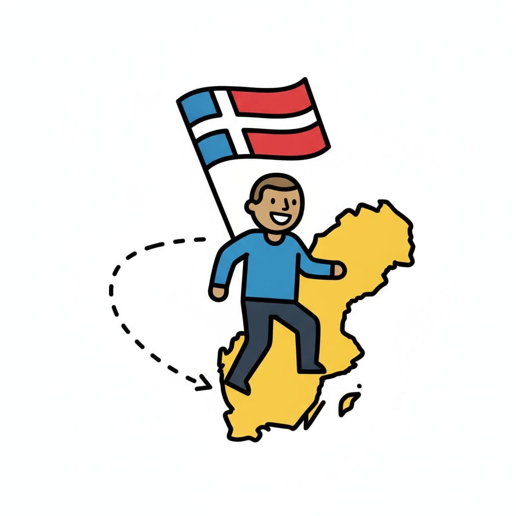 A smiling boy holds a flag and stands on a map of Sweden with a dashed travel line.