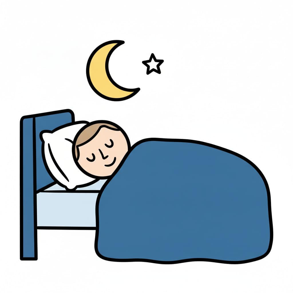 A boy sleeps with closed eyes on a white pillow under a blue blanket, while a yellow crescent moon and a star hang above the bed.