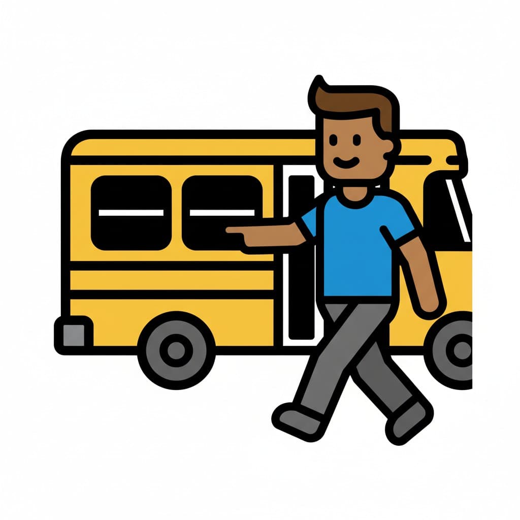 En pojke som står nära en gul skolbuss, pekar mot bussen eller framåt.