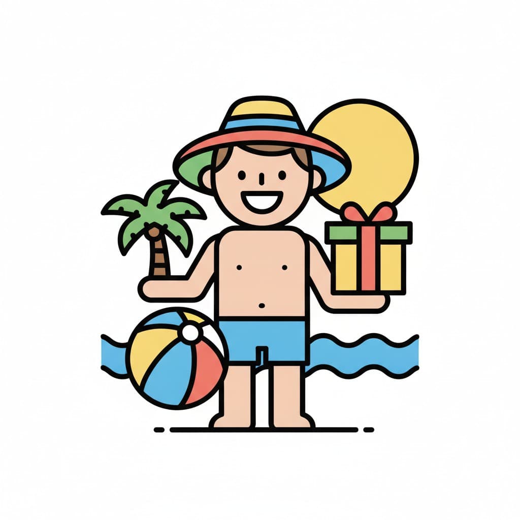 Ein lächelnder Junge in Badehose und Sonnenhut am Strand, der eine Palme und ein Geschenk neben einem Wasserball und dem Meer hält.