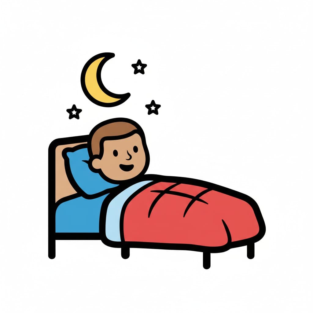 A boy is lying awake in bed under a red blanket with a moon and stars visible above his head.