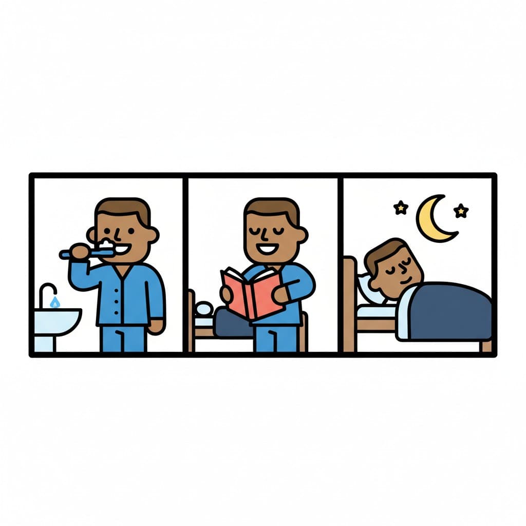 A multi-panel image showing a boy's bedtime routine: brushing teeth at the sink, reading a book in bed, and then sleeping in bed with a moon and stars above.
