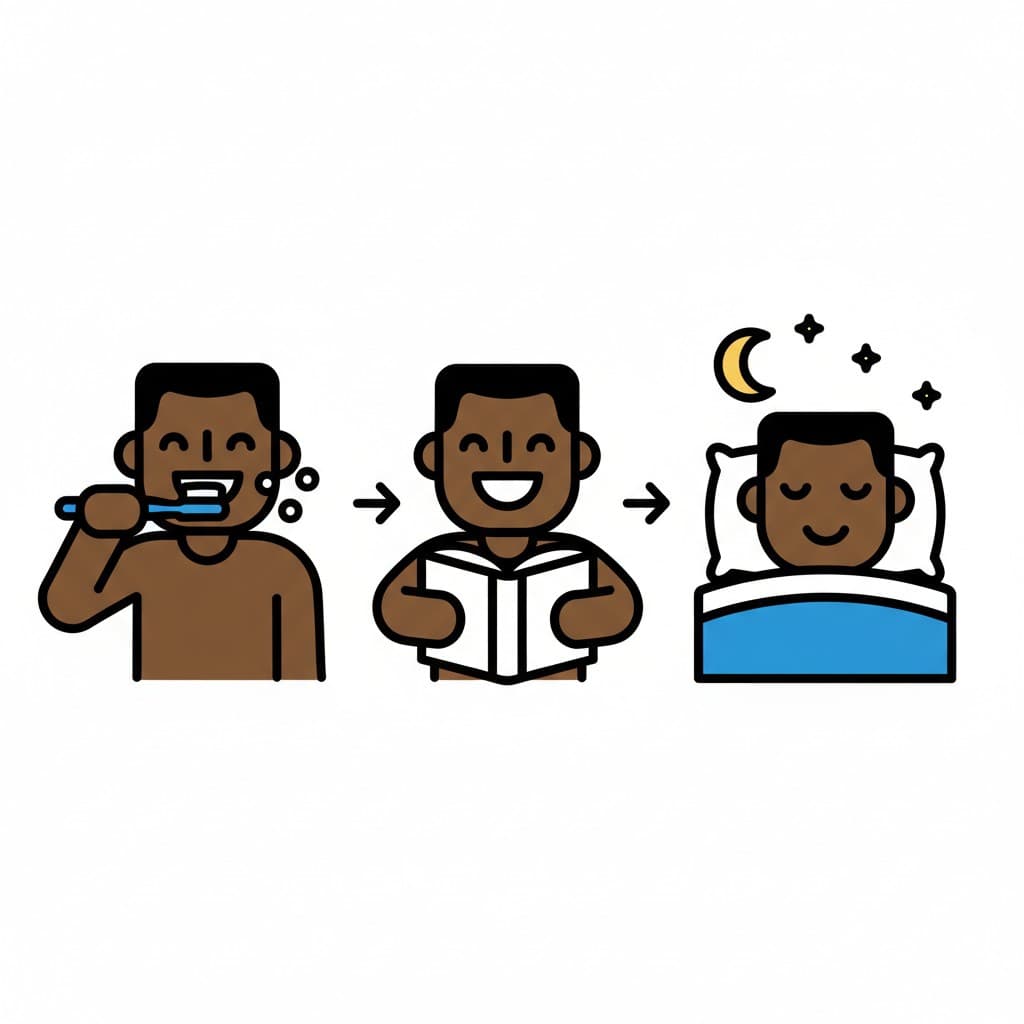 Eine Illustration der Schlafenszeit-Routine einer Person. Zuerst putzt die Person sich die Zähne. Danach liest die Person ein Buch. Schließlich schläft die Person friedlich im Bett.