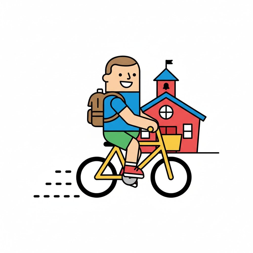 A boy with a backpack riding a bicycle towards a school building.