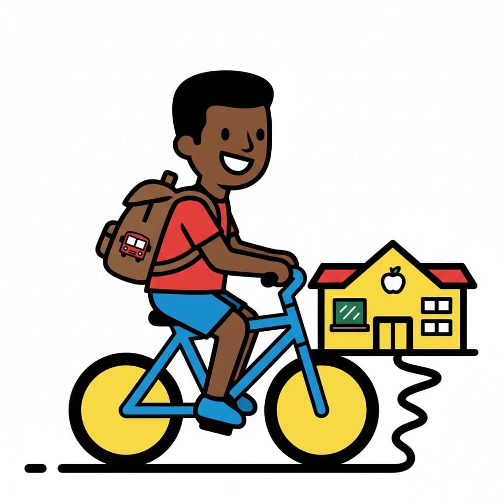 A happy boy with a backpack bikes towards a school building.