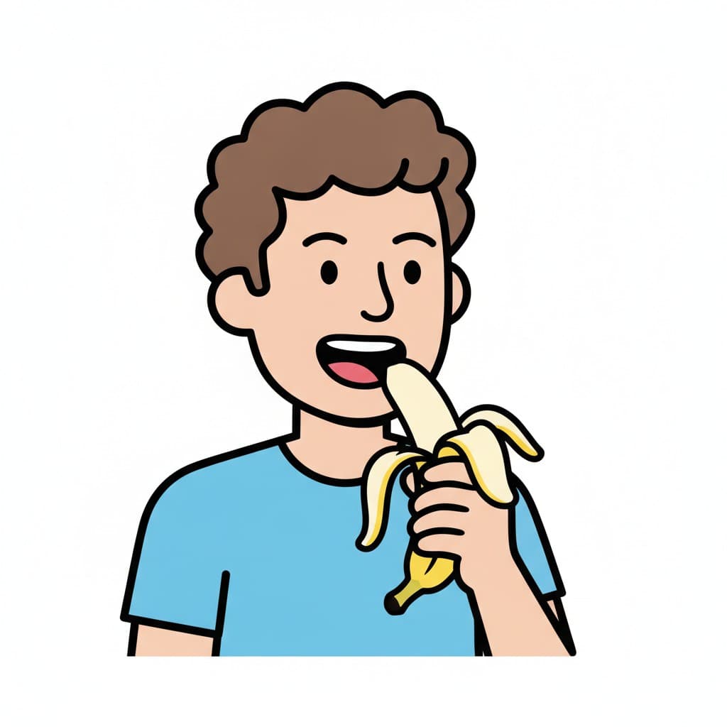 En gutt i blå genser fører en skrelt banan mot den åpne munnen.
