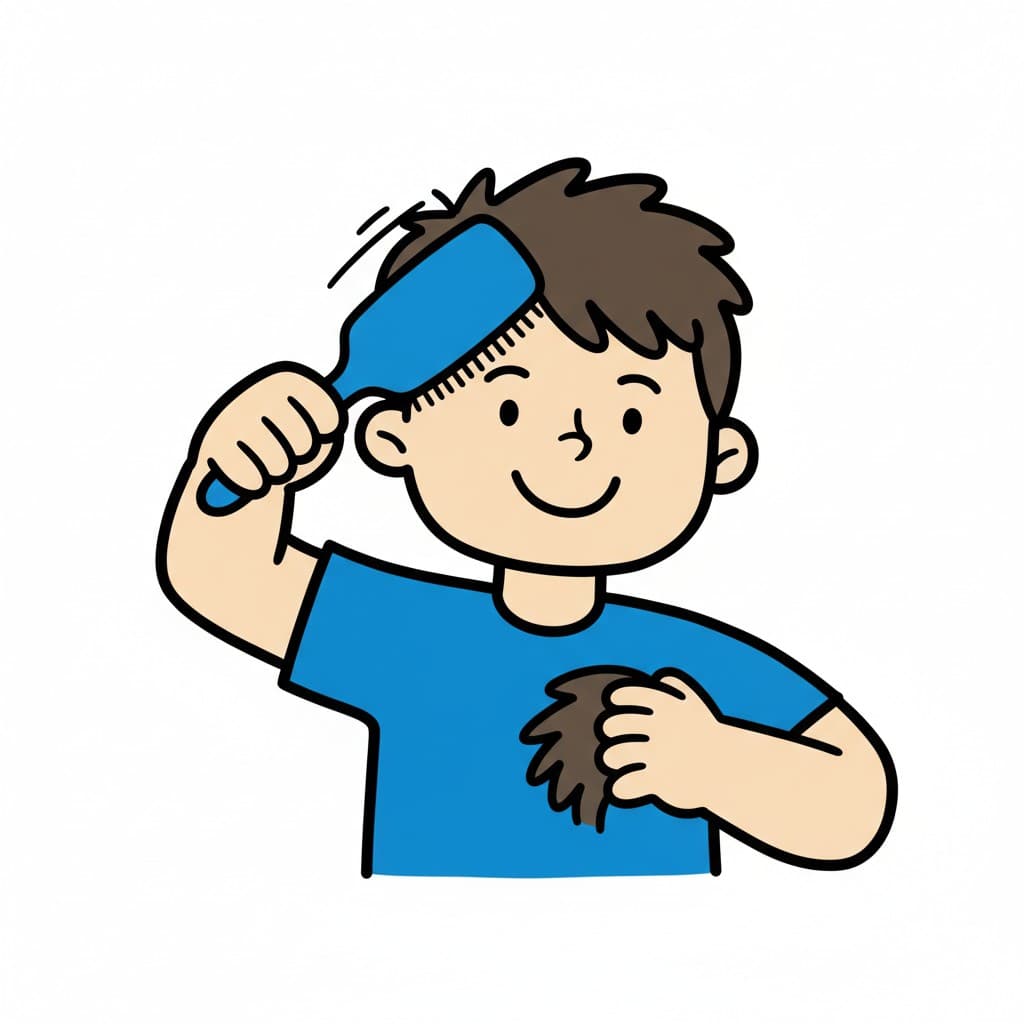 Ein lächelnder Junge im blauen T-Shirt zieht eine blaue Haarbürste durch sein Haar.