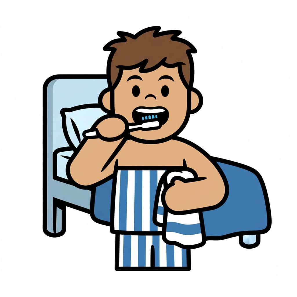 A boy in pyjamas brushes his teeth by the bed, holding a book, with a moon in the sky.