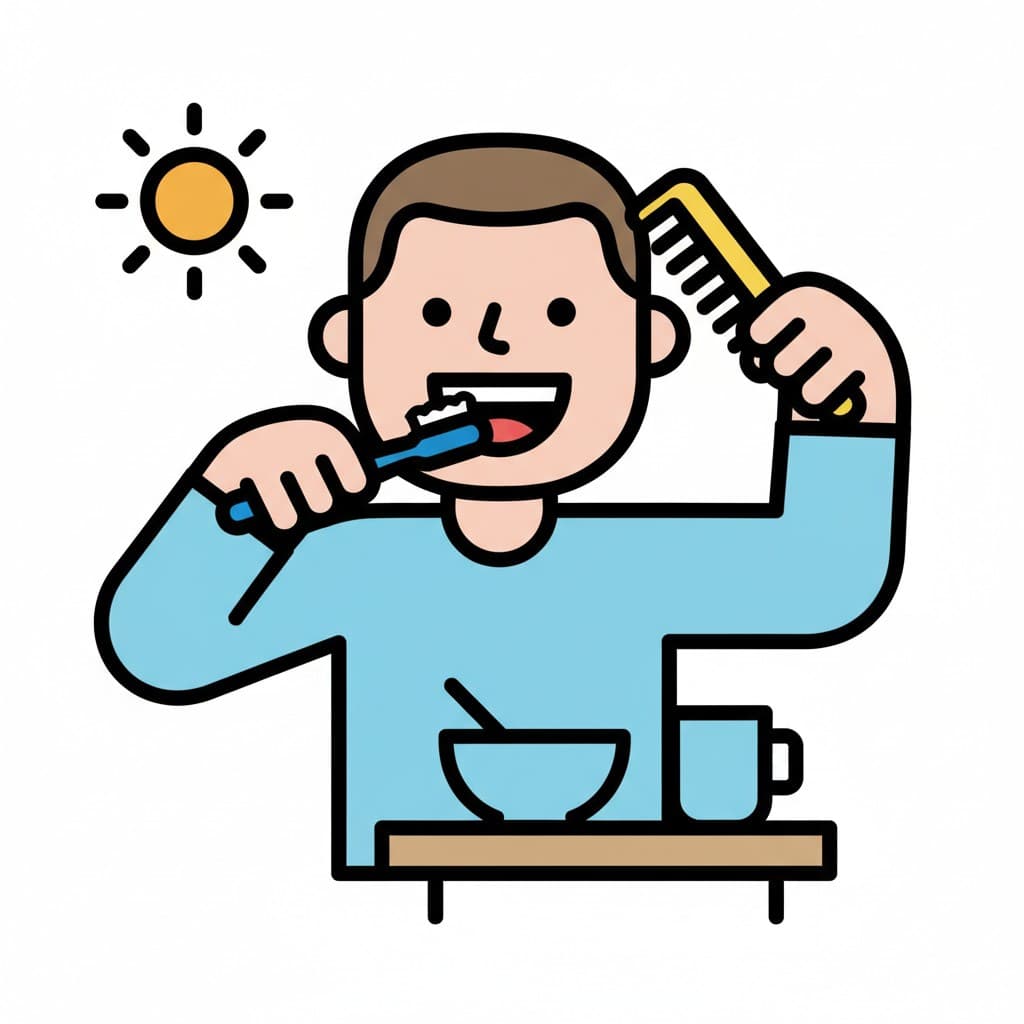 En pojke borstar tänderna med en tandborste och kammar håret. En skål och en mugg står på ett bord framför honom. En sol är synlig i bakgrunden.