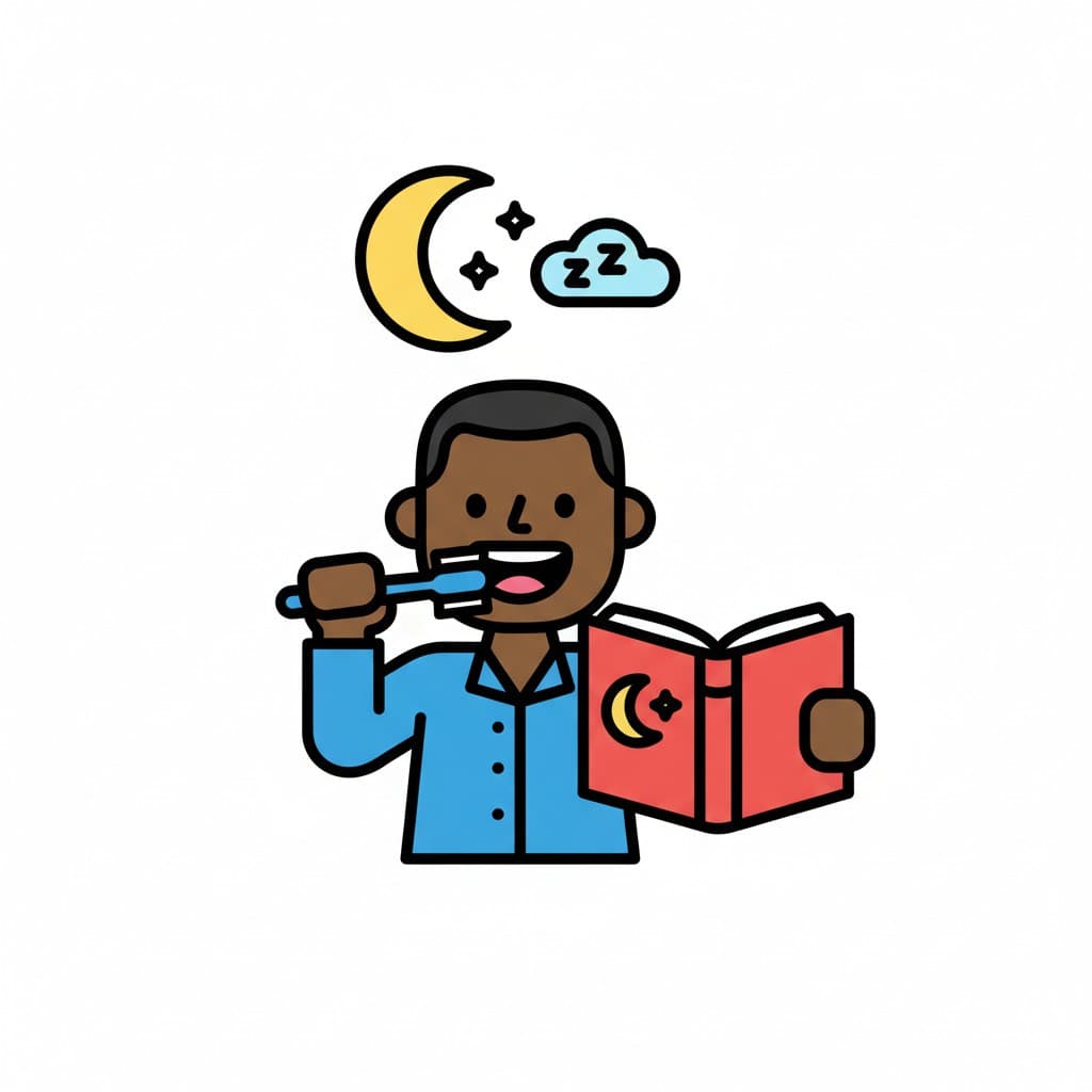 A boy in pajamas brushing his teeth and holding a red book, with a moon and sleep symbols above.
