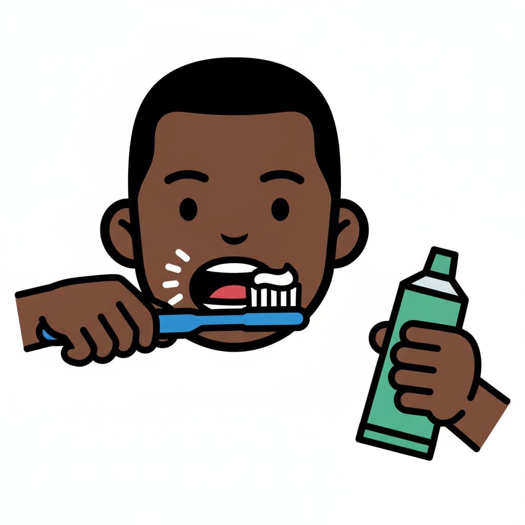 A boy is brushing his teeth with toothpaste on the brush, while also holding a tube of toothpaste.