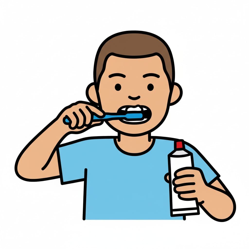 A boy is brushing his teeth with a toothbrush and holding a toothpaste tube in his other hand.